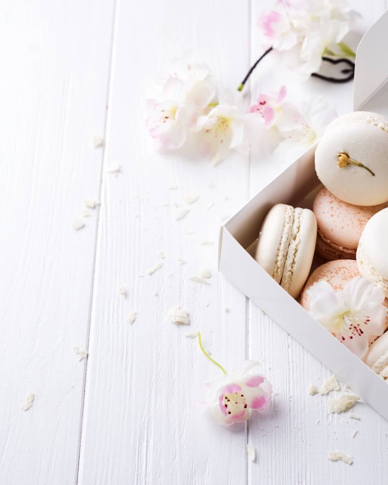 Macaroons colored cake in a gift box with a flowers. French dessert on a white background .With space under the text